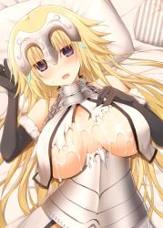 Rule 34 | 1girl, armor, bed sheet, blonde hair, blush, breasts, breasts apart, chain, cum, cum on body, cum on breasts, cum on upper body, elbow gloves, embarrassed, fate/apocrypha, fate/grand order, fate (series), female focus, fur trim, gloves, headpiece, jeanne d&#039;arc (fate), jeanne d&#039;arc (ruler) (fate), jeanne d&#039;arc (third ascension) (fate), kujiran, large breasts, long hair, lying, on back, open mouth, pillow, purple eyes, solo, sweatdrop, torn clothes, wavy mouth