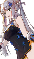 Rule 34 | 1girl, absurdres, bare shoulders, breasts, cleavage, covered navel, cross hair ornament, double bun, dutch angle, fate/grand order, fate (series), from below, fur-trimmed gloves, fur trim, girls&#039; frontline, gloves, green eyes, grey hair, hair bun, hair ornament, highres, hk416 (girls&#039; frontline), large breasts, long hair, looking at viewer, noixen, round teeth, smile, solo, teeth, white background, yang guifei (fate), yang guifei (second ascension) (fate)