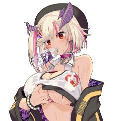 Rule 34 | 1girl, black hat, blonde hair, bottle, bracelet, breasts, chain, choker, cleavage, clothes writing, commentary request, dragon girl, hair between eyes, hat, highres, horns, jewelry, large breasts, mouth hold, multicolored hair, pink choker, pink hair, purple horns, r project, red eyes, satou daiji, short hair, simple background, solo, tsuzura amo, two-tone hair, underboob, upper body, virtual youtuber, wet, wet clothes, white background