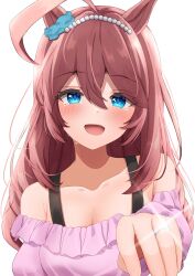 Rule 34 | 1girl, :d, absurdres, ahoge, animal ears, bare shoulders, blue eyes, bra strap, breasts, brown hair, cleavage, commentary request, crying, crying with eyes open, happy tears, highres, horse ears, jewelry, komugikokonko, long hair, looking at viewer, medium breasts, mihono bourbon (umamusume), off-shoulder shirt, off shoulder, open mouth, pink shirt, ring, shirt, simple background, smile, solo, tears, umamusume, upper body, white background