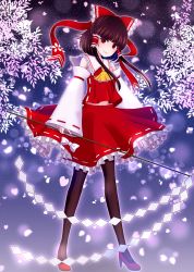 Rule 34 | 1girl, absurdres, asayanagi, aura, black pantyhose, blush, bow, branch, brown hair, cherry blossoms, detached sleeves, floral print, frilled shirt collar, frilled skirt, frills, full body, glowing, gohei, hair bow, hair ribbon, hair tubes, hakurei reimu, head tilt, high heels, highres, looking at viewer, midriff, night, night sky, pantyhose, petals, red eyes, red footwear, red shirt, red skirt, ribbon, ribbon-trimmed shirt, ribbon-trimmed skirt, ribbon-trimmed sleeves, ribbon trim, shirt, shoes, short hair, short hair with long locks, skirt, sky, smile, solo, star (sky), starry sky, touhou, wind