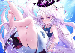 Rule 34 | 1girl, ass, barefoot, blue archive, blue one-piece swimsuit, blush, collarbone, commentary request, demon horns, demon wings, hair ornament, hairclip, halo, highres, hina (blue archive), hina (swimsuit) (blue archive), horns, legs up, lifebuoy, long hair, looking at viewer, multiple horns, name tag, one-piece swimsuit, one side up, purple eyes, school swimsuit, sidelocks, soles, solo, swim ring, swimsuit, vardan, water drop, whistle, whistle around neck, white hair, wings