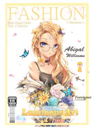 Rule 34 | 1girl, abigail williams (fate), alternate costume, bare shoulders, black bow, black shirt, blonde hair, blue eyes, blue flower, bow, bug, butterfly, collarbone, commentary request, cover, fate/grand order, fate (series), flower, glasses, hair bow, hair ornament, hairclip, insect, key, keyhole, long hair, looking at viewer, luminous, magazine cover, multiple hair bows, orange bow, parted bangs, polka dot, polka dot bow, shirt, solo, tattoo, white flower, yellow flower