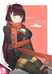 Rule 34 | 1girl, absurdres, alternate costume, black jacket, black pantyhose, blush, bound, breasts, brown coat, brown skirt, bullpup, closed mouth, coat, dinergate (girls&#039; frontline), embarrassed, girls&#039; frontline, gloves, gun, hair ornament, hair ribbon, highres, jacket, large breasts, leg up, long hair, looking at viewer, necktie, official alternate costume, one side up, outline, pantyhose, purple hair, red eyes, red neckwear, red ribbon, red scarf, ribbon, scarf, shirt, sidelocks, simple background, sitting, skirt, thighband pantyhose, tied up (nonsexual), tittu, underwear, very long hair, wa2000 (date in the snow) (girls&#039; frontline), wa2000 (girls&#039; frontline), weapon, white outline, white shirt