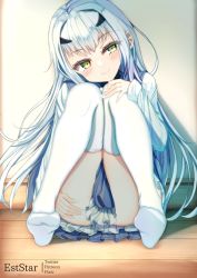 Rule 34 | 1girl, aties20, blue nails, blue sailor collar, blue skirt, brown eyes, closed mouth, commentary request, melusine (fate), fate/grand order, fate (series), hair intakes, hand on own knee, head tilt, interlocked fingers, knees together feet apart, long hair, long sleeves, looking at viewer, nail polish, on floor, pleated skirt, sailor collar, school uniform, serafuku, shirt, sitting, skirt, sleeves past wrists, smile, solo, thighhighs, very long hair, white hair, white shirt, white thighhighs, wooden floor