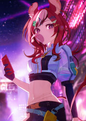 Rule 34 | 1girl, absurdres, animal ears, blowing bubbles, blue eyes, building, cellphone, chewing gum, cropped jacket, gloves, hair ornament, hairclip, hakos baelz, hakos baelz (casual), highres, hololive, hololive english, jiang ye kiri, midriff, mouse ears, mouse tail, navel, night, phone, red hair, single glove, smartphone, tail, virtual youtuber