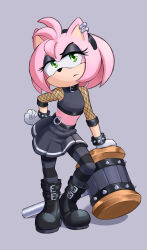Rule 34 | 1girl, alternate costume, amy rose, black footwear, black headband, black shirt, black skirt, black thighhighs, boots, bracelet, crop top, dstears art, earrings, fishnet armwear, furry, furry female, goth fashion, green eyes, grey background, hammer, hand on own hip, headband, highres, jewelry, looking at viewer, midriff, pleated skirt, shirt, simple background, skirt, solo, sonic (series), spiked bracelet, spikes, striped clothes, striped thighhighs, thighhighs, weapon