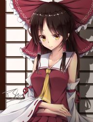 Rule 34 | 1girl, ascot, bad id, bad pixiv id, blush, bow, breasts, brown hair, cleavage, collarbone, detached sleeves, hair bow, hair tubes, hakurei reimu, highres, japanese clothes, large breasts, long hair, long sleeves, looking at viewer, midriff peek, miko, navel, ribbon-trimmed sleeves, ribbon trim, signature, sitting, skirt, skirt set, smile, solo, touhou, toyosaki shu, upper body, wide sleeves, yellow eyes