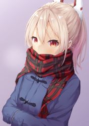 Rule 34 | 1girl, alternate costume, ayanami (azur lane), azur lane, blonde hair, blue coat, blush, choro tofu, coat, commentary request, eyelashes, gradient background, hands in opposite sleeves, long hair, long sleeves, looking afar, looking away, plaid, plaid scarf, ponytail, purple background, red eyes, red scarf, scarf, scarf over mouth, solo, upper body