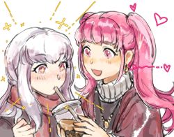 Rule 34 | + +, 2girls, alternate costume, bubble tea, cup, disposable cup, drinking, drinking straw, drinking straw in mouth, female focus, fire emblem, fire emblem: three houses, highres, hilda valentine goneril, jewelry, long hair, lysithea von ordelia, matching hair/eyes, multiple girls, necklace, nintendo, open mouth, pink eyes, pink hair, sdkafka, simple background, twintails, upper body, white background, white hair