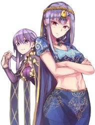 Rule 34 | 2girls, alternate hairstyle, bad id, bad pixiv id, breasts, circlet, cosplay, costume switch, crossed arms, fate/grand order, fate (series), hairstyle switch, highres, indian clothes, jewelry, kama (fate), kama (second ascension) (fate), long hair, matou sakura, medium breasts, midriff, multiple girls, parvati (fate), pout, purple hair, ring, sh22, silver hair, smile, white background