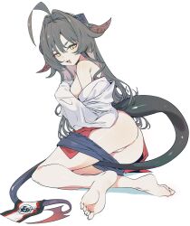 Rule 34 | 1girl, absurdres, ahoge, ass, barefoot, black hair, black horns, black shorts, black tail, blue archive, breasts, coat, ddari, demon horns, hair intakes, highres, horns, kasumi (blue archive), lab coat, long hair, medium breasts, red shirt, shirt, shirt tucked in, shorts, simple background, solo, white background, white coat, yellow eyes