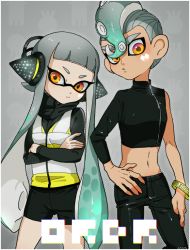 Rule 34 | 1boy, 1girl, agent 3 (splatoon), agent 8 (splatoon), asymmetrical sleeves, bike shorts, black jacket, black pants, black shirt, black shorts, blunt bangs, bracelet, closed mouth, cowboy shot, crossed arms, english text, facial mark, grey background, grey hair, hand on own hip, head tilt, headgear, inkling, inkling girl, inkling player character, jacket, jewelry, light frown, long hair, looking at viewer, midriff, navel, nintendo, octoling, octoling boy, octoling player character, orange eyes, pants, pointy ears, shirt, shorts, splatoon (series), splatoon 2, splatoon 2: octo expansion, squidbeak splatoon, standing, suction cups, tentacle hair, uneven sleeves, vest, yellow vest, yeneny, zipper