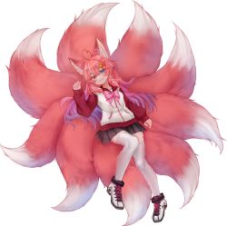 Rule 34 | 1girl, :3, ahoge, animal ears, artist name, black skirt, blue eyes, blush, bow, bowtie, closed mouth, dated, fox ears, fox tail, full body, hand up, heart, heart ahoge, heart hair, heterochromia, highres, indie virtual youtuber, kitsui akira, kitsune, long sleeves, looking at viewer, miniskirt, multicolored hair, pigeon-toed, pink bow, pink bowtie, pleated skirt, red eyes, red sailor collar, sailor collar, school uniform, serafuku, shoes, simple background, skirt, smile, solo, streaked hair, tail, temachii, thighhighs, transparent background, virtual youtuber, white footwear, white thighhighs