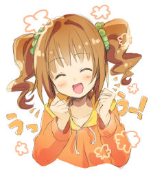 Rule 34 | 1girl, blush, brown hair, closed eyes, hair ornament, happy, hood, hoodie, idolmaster, idolmaster (classic), long hair, open mouth, sakuro, simple background, sketch, smile, solo, takatsuki yayoi, twintails, upper body, white background