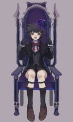 Rule 34 | 1boy, absurdres, agamemega, animal ear fluff, animal ears, black gloves, black hair, black socks, blunt bangs, bow, bowtie, buttons, cat ears, chair, chinese commentary, crown, fangs, frilled wrist cuffs, frills, full body, garter straps, gloves, grey background, highres, jacket, kneehighs, legwear garter, light blush, loafers, long sleeves, male focus, mole, mole under eye, multicolored hair, open mouth, original, purple eyes, red bow, red bowtie, shoes, short hair, shorts, simple background, sitting, socks, solo, suit jacket, tongue, translated, wrist cuffs
