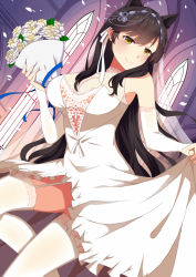 Rule 34 | 1girl, animal ears, atago (azur lane), atago (lily-white vow) (azur lane), azur lane, bare shoulders, black hair, bouquet, breasts, bride, brown eyes, cleavage, commentary request, dress, elbow gloves, extra ears, flower, garter straps, gloves, groom, hair ribbon, large breasts, long hair, mole, mush (mushlicious), ribbon, rose, strapless, strapless dress, swept bangs, veil, wedding, wedding dress, white dress
