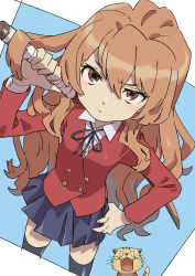Rule 34 | 1girl, absurdres, aisaka taiga, black ribbon, black thighhighs, blue background, blue skirt, bokken, brown eyes, brown hair, buttons, closed mouth, collared shirt, donnpati, double-breasted, hair between eyes, hand on own hip, highres, jacket, long hair, long sleeves, looking at viewer, neck ribbon, oohashi high school uniform, palmtop tiger, pleated skirt, red jacket, ribbon, school uniform, shirt, skirt, solo focus, sword, thighhighs, toradora!, two-tone background, weapon, white background, white shirt, wooden sword, zettai ryouiki