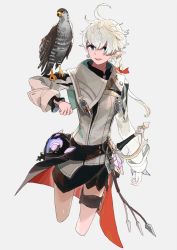 Rule 34 | 1girl, ahoge, alisaie leveilleur, animal, animal on arm, atory totory, bad id, bad twitter id, bird, blue eyes, earrings, elezen, elf, final fantasy, final fantasy xiv, gloves, grey background, hawk, highres, jewelry, makeup, open mouth, pink lips, pointy ears, simple background, smile, sword, teeth, upper teeth only, weapon, white gloves, white hair