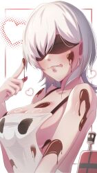 10h_(nier_reincarnation) 1girl :p apron black_blindfold blindfold blush breasts chocolate chocolate_on_body commentary food_on_body heart highres inset_border kamitsune28rita large_breasts medium_hair naked_apron nier_(series) nier_reincarnation solo standing tongue tongue_out white_background white_hair