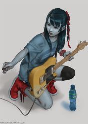 Rule 34 | 1girl, ankle boots, black eyes, black hair, boots, bottle, bracelet, cable, colored skin, electric guitar, fender telecaster, flat chest, grey skin, guitar, instrument, jewelry, knee pads, long hair, monster girl, nose, on one knee, original, plectrum, ponytail, pxvx, red footwear, shirt, shorts, solo, t-shirt, water bottle, watermark, web address, zombie
