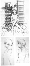 Rule 34 | 1990s (style), 1girl, abe yoshitoshi, absurdres, artbook, cowboy shot, female focus, full body, greyscale, hair ornament, hairclip, highres, iwakura lain, monochrome, multiple views, official art, scan, serial experiments lain, sitting, standing, traditional media