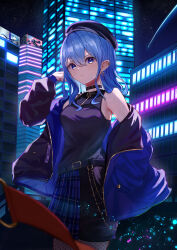 Rule 34 | 1girl, absurdres, belt, beret, billboard, black choker, blue eyes, blue hair, building, chain, choker, city lights, cowboy shot, hair between eyes, hat, highres, hololive, hoshimachi suisei, jacket, jewelry, ky00, light particles, long hair, long sleeves, looking at viewer, night, night sky, off shoulder, official alternate costume, open clothes, open jacket, parted lips, plaid, plaid skirt, ruffling hair, shooting star, sidelocks, skirt, sky, skyscraper, solo, standing, star (sky), star (symbol), star in eye, symbol in eye, virtual youtuber