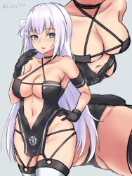 Rule 34 | 1girl, armband, azur lane, bare hips, black gloves, blue eyes, breasts, center opening, criss-cross halter, dress, gloves, halter dress, halterneck, highres, lasts, long hair, medium breasts, mole, mole under eye, race queen, revealing clothes, shoukaku (azur lane), shoukaku (sororal wings) (azur lane), signature, solo, thighhighs, very long hair