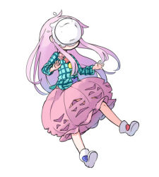 Rule 34 | 1girl, bow, bubble skirt, expressionless, food, food on face, hata no kokoro, in the face, long hair, long sleeves, nakashino setsu, pie in face, pink hair, plaid, plaid shirt, shirt, simple background, skirt, solo, touhou, very long hair, white background, wide sleeves