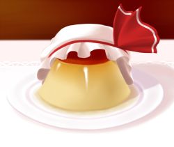Rule 34 | 1girl, flandre scarlet, food, food focus, hat, hat ribbon, mazume, name connection, no humans, object namesake, pudding, pun, realistic, ribbon, solo, touhou