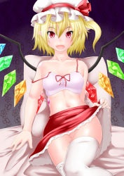 Rule 34 | 1girl, asymmetrical hair, blonde hair, bra, clothes lift, collarbone, fang, flandre scarlet, hat, hat ribbon, highres, kurone, looking at viewer, midriff, mob cap, navel, no panties, no shirt, open mouth, pillow, pointy ears, purple bra, red eyes, ribbon, side ponytail, sitting, skirt, skirt lift, smile, solo, stomach, strap slip, thighhighs, touhou, underwear, white thighhighs, wings