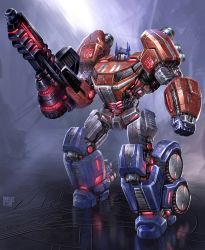 Rule 34 | autobots, blue eyes, directed-energy weapon, energy gun, gun, highres, ion blaster, mecha, neon trim, optimus prime, reflection, rifle, robot, transformers, transformers fall of cybertron, weapon