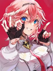 Rule 34 | 1girl, a0z0 aozo, blue eyes, blush, breasts, choker, grin, hair between eyes, hands up, head wings, headband, highres, hololive, large breasts, light blush, looking at viewer, nail polish, necktie, ok sign, pink hair, pointing, red background, red nails, short hair, simple background, smile, solo, takane lui, upper body, virtual youtuber, wings