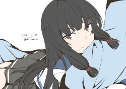 Rule 34 | 1girl, black hair, blue sailor collar, commentary request, dated, grey skirt, hair ribbon, isokaze (kancolle), kantai collection, long hair, looking at viewer, lying, on stomach, pleated skirt, red eyes, ribbon, sailor collar, school uniform, serafuku, simple background, skirt, solo, taira yuuki, tress ribbon, white background