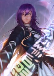 Rule 34 | 1girl, artist name, black cape, brown hair, buckle, cape, closed mouth, collar, cowboy shot, cross-laced clothes, dress, foreshortening, gradient hair, hair between eyes, highres, hijiri byakuren, lips, long hair, long sleeves, looking at viewer, magic, multicolored hair, orange eyes, outstretched arm, purple hair, raikoart, rain, signature, smile, solo, sorcerer&#039;s sutra scroll, standing, touhou, very long hair, water, white dress