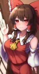 Rule 34 | 1girl, blurry, blurry background, blush, bow, brown hair, closed mouth, commentary request, cowboy shot, detached sleeves, hair bow, hakurei reimu, highres, indoors, looking at viewer, medium hair, red bow, red eyes, red shirt, red skirt, shirt, skirt, smile, solo, touhou, yosshy