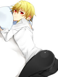 Rule 34 | 1boy, androgynous, ass, ass focus, blonde hair, blush, bulge, fate/stay night, fate/zero, fate (series), from behind, gilgamesh (fate), haine (howling), looking back, male focus, official alternate costume, pillow, red eyes, simple background, solo, type-moon, white background