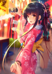 Rule 34 | 1girl, :d, arm up, back bow, black hair, blurry, blurry background, bow, breasts, brown bow, brown eyes, cellphone, character request, cherry blossom print, commentary request, depth of field, floral print, flower, hair flower, hair ornament, hand fan, hand grab, highres, holding, holding phone, japanese clothes, kimono, long sleeves, looking at viewer, looking to the side, market stall, medium breasts, night, obi, open mouth, out of frame, outdoors, paper fan, phone, pink flower, pink kimono, print kimono, sash, sidelocks, smile, solo focus, summer festival, uchiwa, warship girls r, wide sleeves, xiaoyin li