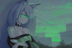 Rule 34 | 1girl, animal ear fluff, animal ears, arknights, bad id, bad pixiv id, bare shoulders, breasts, cat ears, closed mouth, collarbone, dress, dusko00, glowing, glowing eyes, green eyes, highres, kal&#039;tsit (arknights), light green hair, looking away, looking to the side, md5 mismatch, off-shoulder dress, off shoulder, self-upload, short hair, slit pupils