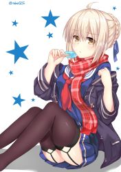 Rule 34 | 1girl, ahoge, artoria pendragon (fate), black thighhighs, coat, commentary request, fate/grand order, fate (series), food, garter straps, highres, holding, looking at viewer, mysterious heroine x alter (fate), mysterious heroine x alter (first ascension) (fate), pleated skirt, popsicle, scarf, school uniform, serafuku, silver hair, simple background, sitting, skirt, solo, star (symbol), starry background, t@ke-g, thighhighs, twitter username, white background, winter clothes, winter coat, yellow eyes