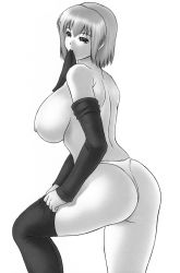 Rule 34 | ass, ayane (doa), breasts, curvy, dead or alive, greyscale, highres, iruma kamiri, large breasts, monochrome, mouth hold, nipples, panties, short hair, solo, tecmo, thighhighs, underwear, undressing