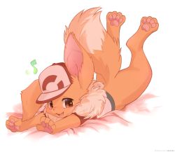 Rule 34 | :3, ancesra, animal focus, artist name, baseball cap, bed sheet, blush, bottomless, brown eyes, chase (pokemon), chase (pokemon) (cosplay), clothed pokemon, cosplay, creatures (company), eevee, fang, feet up, fluffy, full body, game freak, gen 1 pokemon, happy, hat, highres, looking at viewer, lying, musical note, neck fur, nintendo, no humans, nose blush, on stomach, open mouth, outstretched arms, patreon username, pawpads, poke ball symbol, poke ball theme, pokemon, pokemon (creature), pokemon lgpe, raglan sleeves, red hat, red sleeves, shirt, simple background, smile, solo, watermark, web address, white background, white shirt