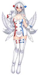 Rule 34 | 1girl, bare shoulders, blue eyes, boots, breasts, cleavage, collarbone, creatures (company), dress, feathered wings, full body, game freak, gen 4 pokemon, gloves, hair between eyes, hand up, head scarf, heterochromia, katagiri hachigou, long hair, low wings, lower teeth only, medium breasts, nintendo, open mouth, personification, pokemon, red eyes, short dress, simple background, smile, solo, strapless, strapless dress, teeth, thigh boots, thighhighs, togekiss, white background, white dress, white gloves, white hair, white thighhighs, white wings, white wrist cuffs, wings, wrist cuffs, zettai ryouiki