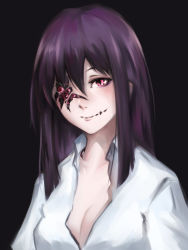 Rule 34 | 1girl, ageha (ray-k), bad id, bad pixiv id, black background, borrowed character, breasts, butterfly affection, cleavage, commentary, dress shirt, hair between eyes, highres, long hair, looking at viewer, medium breasts, extra pupils, purple hair, red eyes, shirt, simple background, slit pupils, smile, solo, tui isumi, upper body, white shirt