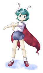 Rule 34 | 1girl, :o, adapted costume, alternate costume, antennae, bare legs, blue buruma, blush, bobby socks, buruma, cape, contemporary, cross-body stretch, full body, green eyes, green hair, gym shirt, gym uniform, hair ornament, hairclip, hands up, highres, legs apart, looking at viewer, looking to the side, mary janes, nonamejd, official style, outstretched arm, parted lips, puffy short sleeves, puffy sleeves, red cape, red footwear, shirt, shirt tucked in, shoes, short hair, short sleeves, simple background, socks, solo, standing, stretching, swept bangs, tomboy, touhou, two-sided cape, two-sided fabric, uniform, white background, white shirt, white socks, wriggle nightbug, zun (style)