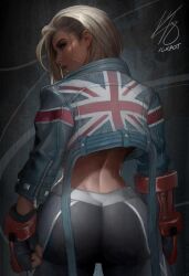 Rule 34 | 1girl, ass, cammy white, gauntlets, ickpot, jacket, looking at viewer, pants, scar, solo, standing, street fighter, union jack, yoga pants