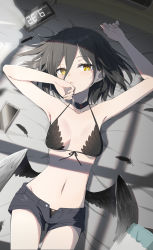 Rule 34 | 1girl, armpits, arms up, bare arms, bare shoulders, black bra, black choker, black hair, black shorts, bra, breasts, choker, feathered wings, feathers, front-tie bra, front-tie top, gotyou, halterneck, highres, looking at viewer, low wings, lying, navel, on back, open fly, original, parted lips, short hair, short shorts, shorts, small breasts, solo, stomach, string bra, underwear, wings, yellow eyes
