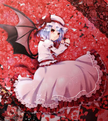Rule 34 | 1girl, bat wings, blue hair, bow, chitose (usacan), dress, frilled shirt, frilled shirt collar, frilled sleeves, frills, hat, hat bow, hat ribbon, highres, juliet sleeves, lace, long sleeves, looking at viewer, lying, mob cap, on side, petals, pink dress, puffy sleeves, red bow, red eyes, red footwear, red ribbon, remilia scarlet, ribbon, sash, shirt, shoes, short hair, solo, tile floor, tiles, touhou, wings