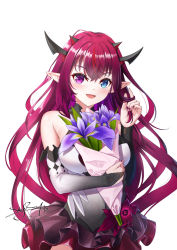 Rule 34 | 1girl, :d, bare shoulders, blue eyes, bouquet, breasts, bridal gauntlets, dress, flower, hair between eyes, hand up, heterochromia, highres, hololive, hololive english, horns, irys (hololive), looking at viewer, medium breasts, multicolored hair, nail polish, hugging object, open mouth, pointy ears, purple eyes, purple flower, purple hair, purple nails, red hair, simple background, skyrail, sleeveless, sleeveless dress, smile, solo, streaked hair, virtual youtuber, white background, white dress