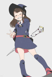 Rule 34 | 10s, 1girl, ^ ^, bad id, bad pixiv id, blunt bangs, blush stickers, boots, brown hair, closed eyes, dress, full body, hat, kagari atsuko, little witch academia, long hair, looking at viewer, school uniform, shiny rod (little witch academia), sidelocks, smile, solo, staff, teeth, torla16, v, wand, witch hat